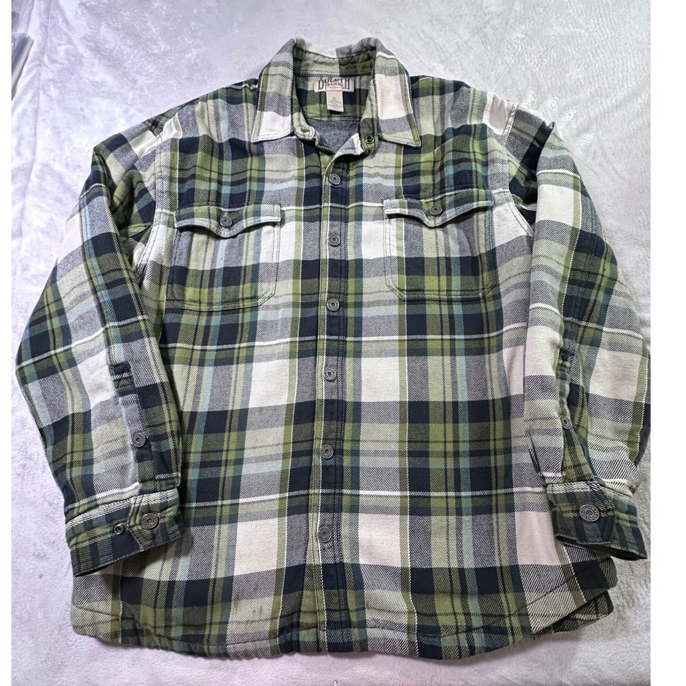 Duluth Trading Co Mens XL Fleece Lined Flannel Shirt Jacket Green Plaid Thick